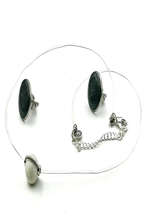 Colier la baza gatului pe fir transparent din silicon cu pandantiv si inchidere reglabila din Argint 925, Ma Bijoux, Handmade, Piatra semipretioasa: Agat, Alb + CERCEI