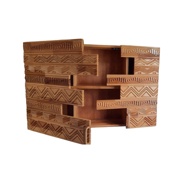 Dulap Suspendat Sculptat, Lemn, Model Rustic, Usi Asimetrice, 60x80x20cm