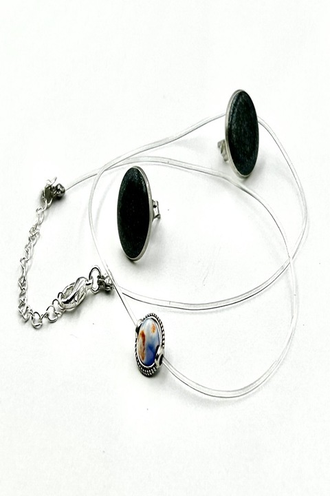 Colier la baza gatului pe fir transparent din silicon cu pandantiv si inchidere reglabila din Argint 925, Ma Bijoux, Handmade, Piatra semipretioasa: Agat de foc, Albastru/Portocaliu + CERCEI