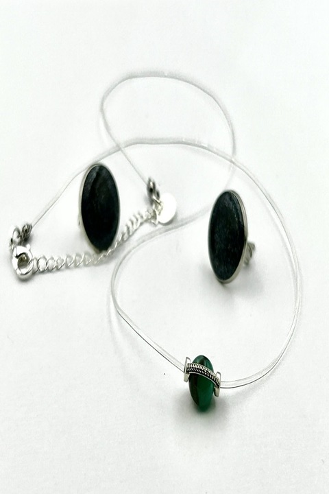 Colier la baza gatului pe fir transparent din silicon cu pandantiv si inchidere reglabila din Argint 925, Ma Bijoux, Handmade, Piatra semipretioasa: Jasp Cloisonne, Verde/Auriu + CERCEI