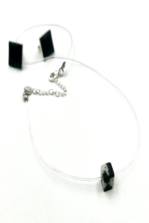 Colier la baza gatului pe fir transparent din silicon cu pandantiv si inchidere reglabila din Argint 925, Ma Bijoux, Handmade, Piatra semipretioasa: Zebra Jasper, Square, Negru/ Alb + CERCEI