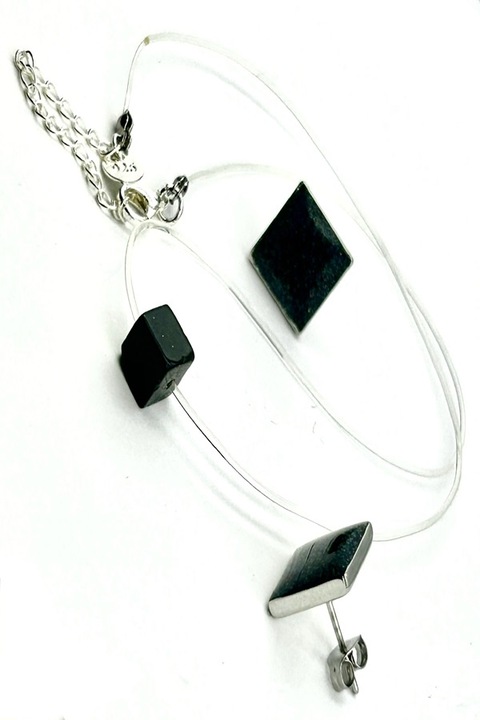 Colier la baza gatului pe fir transparent din silicon cu pandantiv si inchidere reglabila din Argint 925, Ma Bijoux, Handmade, Piatra semipretioasa: Blue Sandstone, Square, Indigo + CERCEI