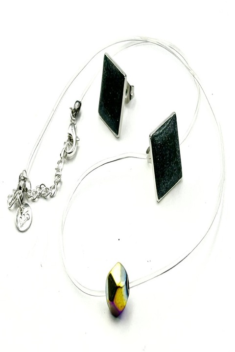 Colier la baza gatului pe fir transparent din silicon cu pandantiv si inchidere reglabila din Argint 925, Ma Bijoux, Handmade, Piatra semipretioasa: Hematit, Hexagon, Multicolor + CERCEI