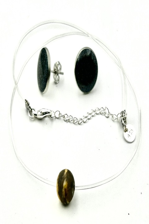 Colier la baza gatului pe fir transparent din silicon cu pandantiv si inchidere reglabila din Argint 925, Ma Bijoux, Handemade, Piatra semipretioasa: Zebra Jasper, Maro + CERCEI