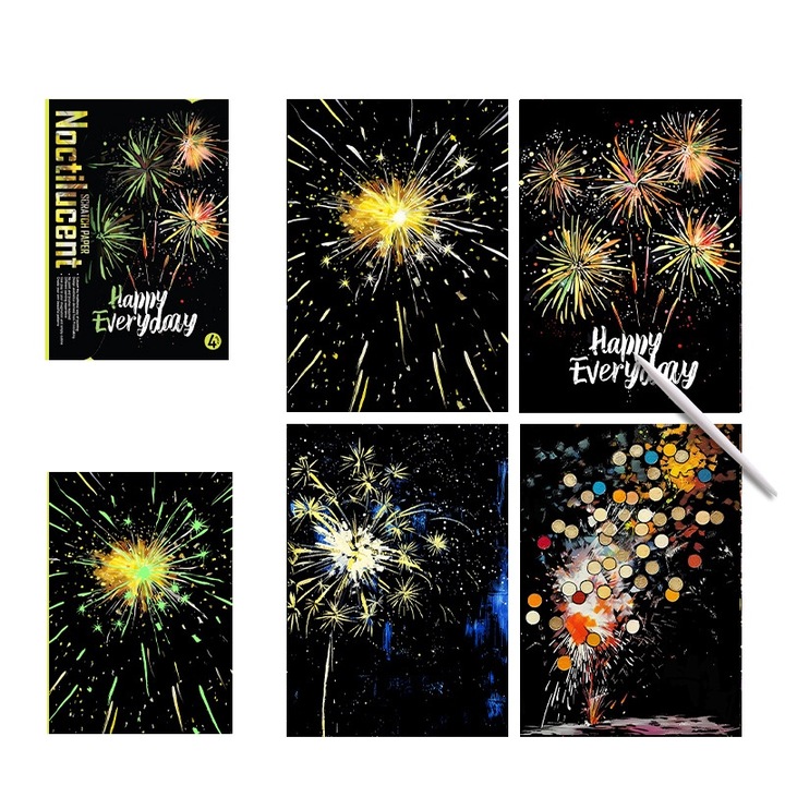 Set Pictura si Desen, Carte de Colorat Lumina in Intuneric, Peisaj Artificii Luminoase, 12 ani