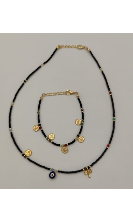 Set colier si bratara cu margele mici si banuti negre cu motive orientale