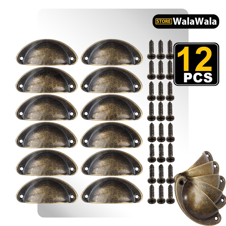 Set 12 manere pentru dulap, Trage Manere Cupa, Design Clasic Semiluna, Confortabil si Practic, Stil Vintage, Durabil si Usor de Montat, Potrivite pentru Sertare, Dulapuri si Noptiere, Metal, 8.2x3.4x1.7 cm, Distanta intre Gauri 6.5 cm, Culoare Bronz