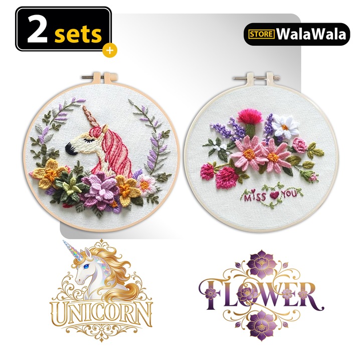 Kit 2 seturi broderie avansata, Flori si Unicorni 3D, Modele Detaliate, Multicolor, 29x29 cm, Kit Complet cu 2 Ramuri Broderie si Accesorii, Perfect pentru Cadouri si Decor Interior