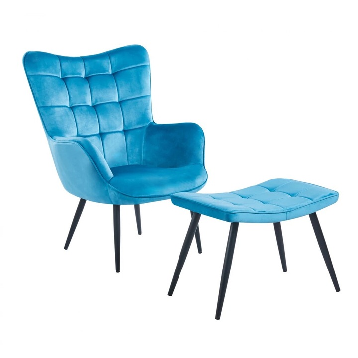 Set fotoliu si Taburet, tapiterie catifea, picioare robuste din otel cu finisaj negru, Albastru