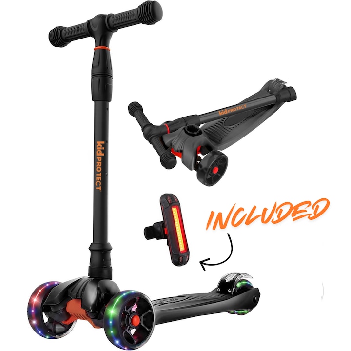 Trotineta Copii KidProtect® KidGlider, 3 - 12 Ani, Pliabila, Lumini, Roti Ultra - Wide, Roti Duble Spate, Inaltime Ghidon Reglabil, Stabila, Frana, Stop Inclus, Negru