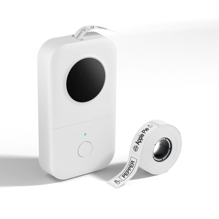 Hőérzékeny címkenyomtató, kézi hordozható, Bluetooth-kapcsolatot támogat, intelligens szerkesztési funkcióval rendelkezik, alkalmazásokhoz csatlakoztatható, hőérzékeny papírtekerccsel, méretek: 132x76x29 mm, fehér