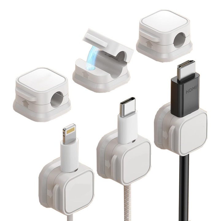 Set organizatoare cabluri magnetice, Suport cablu reglabil, albe, 2x2x1.5cm, set 6 buc, pentru birou, masa, noptiera, alb