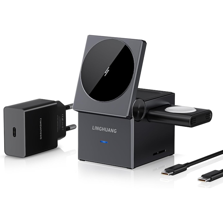 3 в 1 безжична станция за зареждане, 15W Pro, сменяемо зарядно за Apple Watch, за iPhone 15/14/13/12, Apple iWatch и AirPods