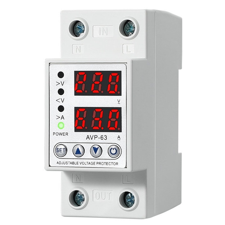 Releu monofazic reglabil, Rqiurpn, afisaj dublu LED, 63A, protectie supratensiune si suprasarcina, montare pe clema, Alb