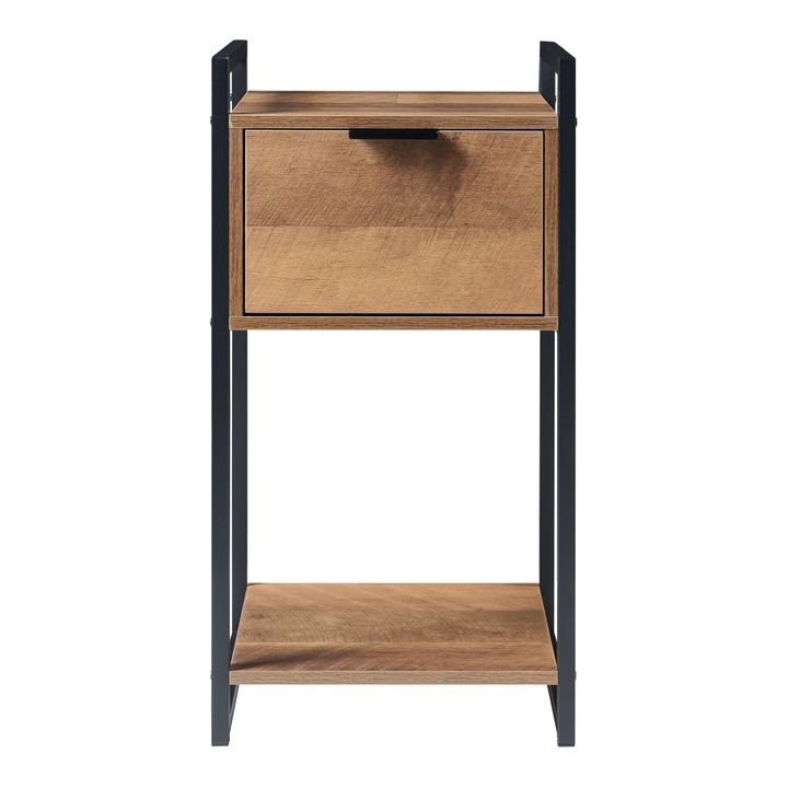 Noptiera, en.casa, AANK-2512 Namsskogan, 62 x 33 x 32 cm, pal, metal, efect lemn nuc, negru, cu sertar si raft