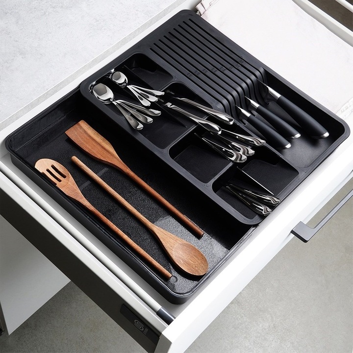 Evőeszköztálca, Vilde, Evőeszköz- és edényrendező, Ellenálló anyagok, Kihúzható, 40 x 31 x 5 cm, Fekete