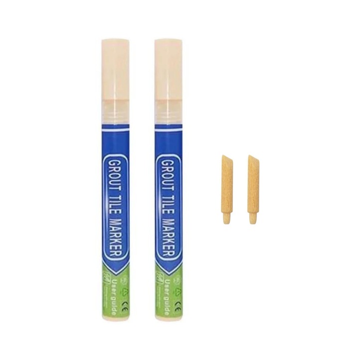 Set 2 Markere cu Pasta Corectoare Permanenta Pentru Acoperirea Rosturilor sau Gaurilor din Gresie, Faianta si Marmura, cu Uscare Rapida, Plus Doua Varfuri de Rezerva, Crem, 15 ML, MaffStuff