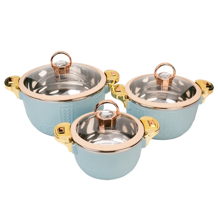 Caserola termica, set 3 piese, Thermo Class, cu interior din inox, Naimeed D6701, Albastru deschis