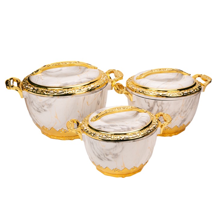 Caserola termica, set 3 piese, Thermo Class, cu interior din inox, Naimeed D6721, Alb