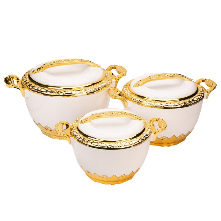 Caserola termica, set 3 piese, Thermo Class, cu interior din inox, Naimeed D6722, Alb