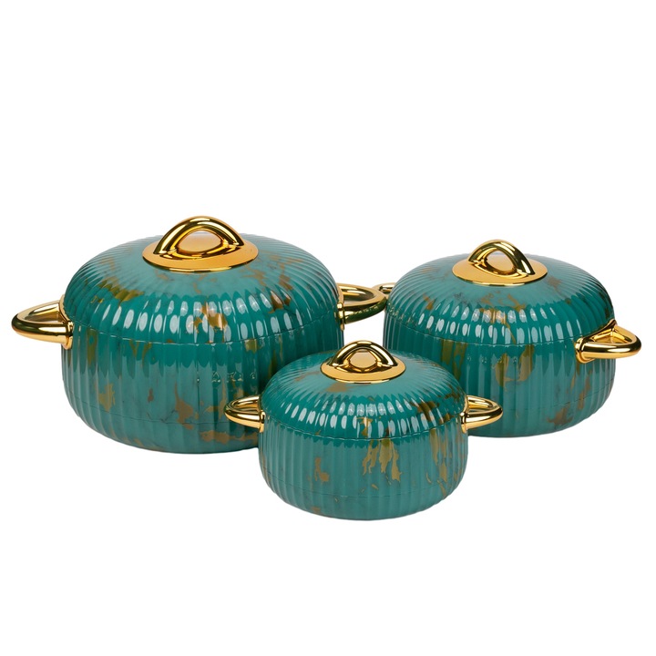 Caserola termica, set 3 piese, Thermo Class, cu interior din inox, Naimeed D6712, Verde