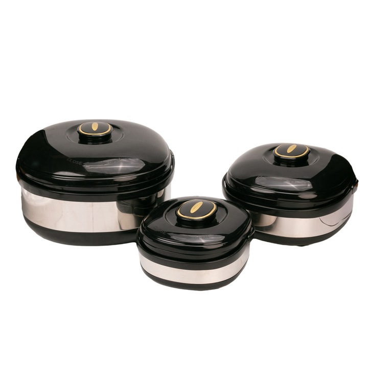 Caserola termica, set 3 piese, Thermo Class, cu interior din inox, Naimeed D6708, Negru