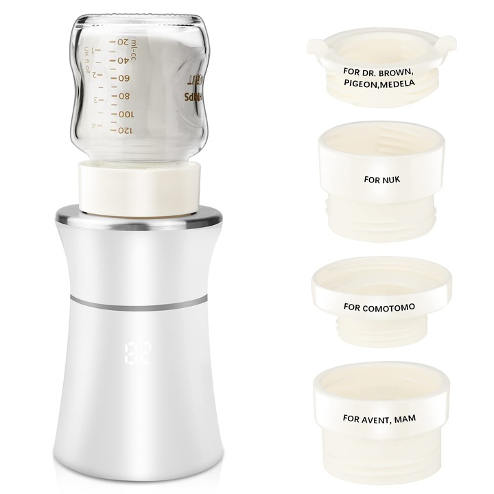 Incalzitor portabil pentru biberoane de calatorie pentru bebelusi pentru lapte matern sau formula, incalzire rapida, cu 4 adaptoare, reincarcabil, usor de transportat oriunde, control inteligent al temperaturii, WALALLA, alb