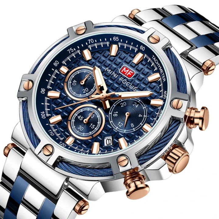 Ceas barbatesc MINI FOCUS, cuart japonez, calendar, cronograf, ace luminescente, argintiu