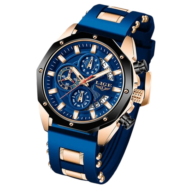 Мъжки часовник LIGE, японски кварц, водоустойчив, светещи стрелки, календар, хронограф, син