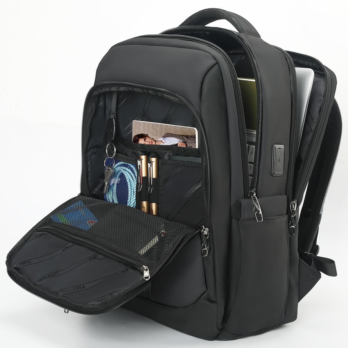 Rucsac business casual pentru calatorii, impermeabil, cu port USB, Tigernu, pentru laptop de 15.6", 30x14x35 cm, Negru