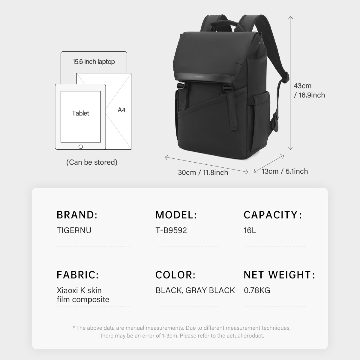 Rucsac laptop 15.6", smart casual, design pelerin unisex, impermeabil, TIGERNU, 30x13x43 cm, Negru
