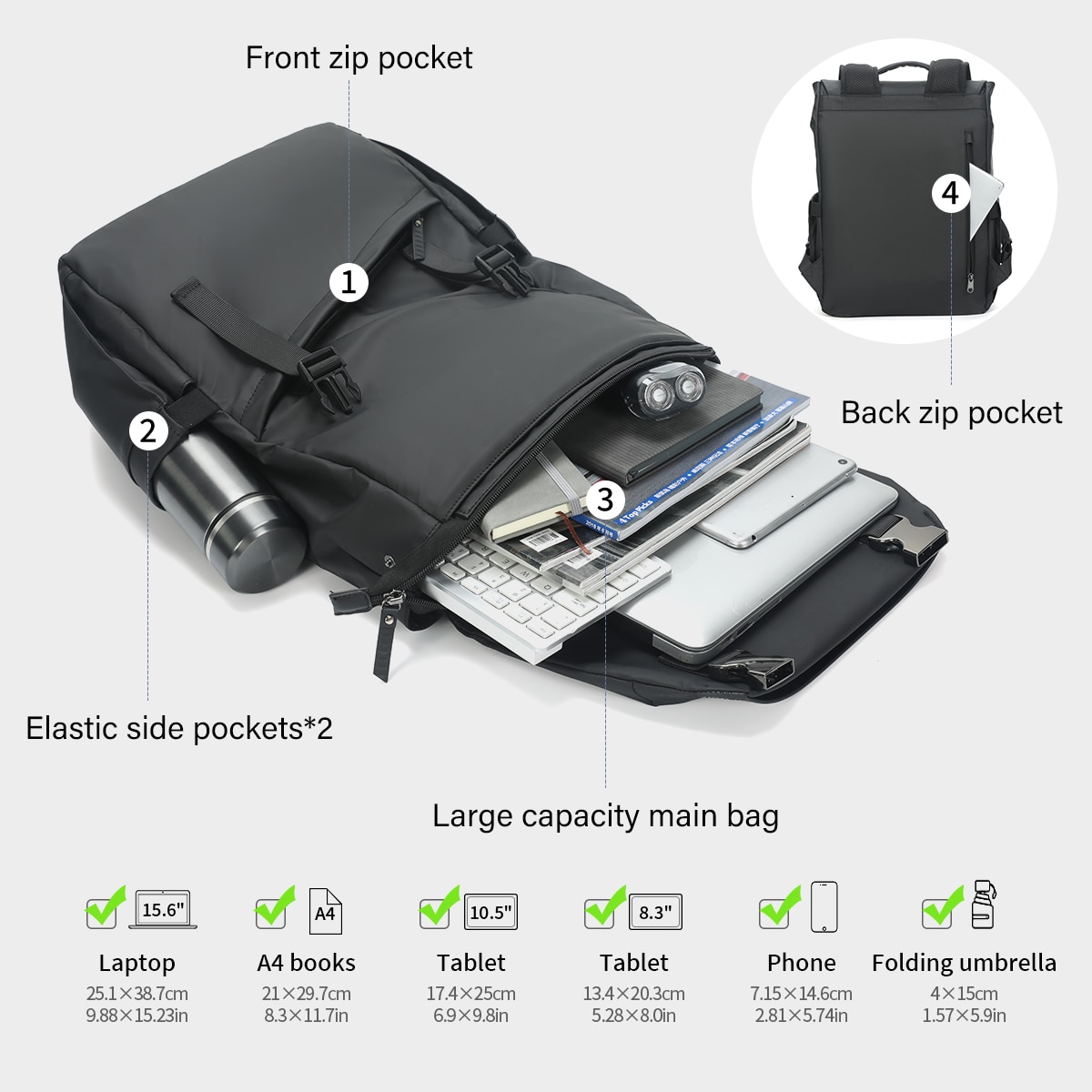 Rucsac laptop 15.6", smart casual, design pelerin unisex, impermeabil, TIGERNU, 30x13x43 cm, Negru