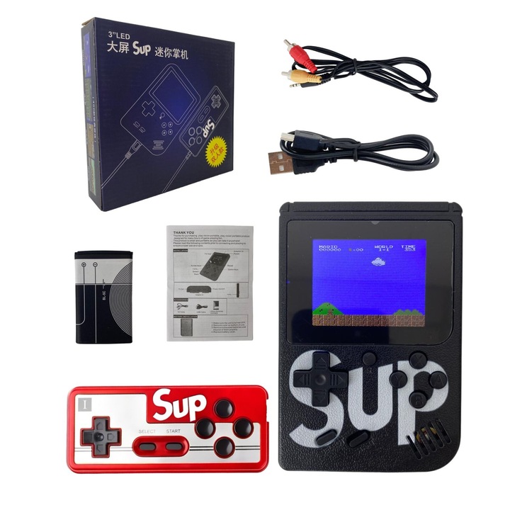 Игрова конзола, Retro Game Box, SR-90, 400 в 1, колело за сила на звука, LCD екран, AV кабел, Micro-USB зареждане, 2 играча, 11,5 см x 8 см, преносим, черен, HAPPY JOKER®