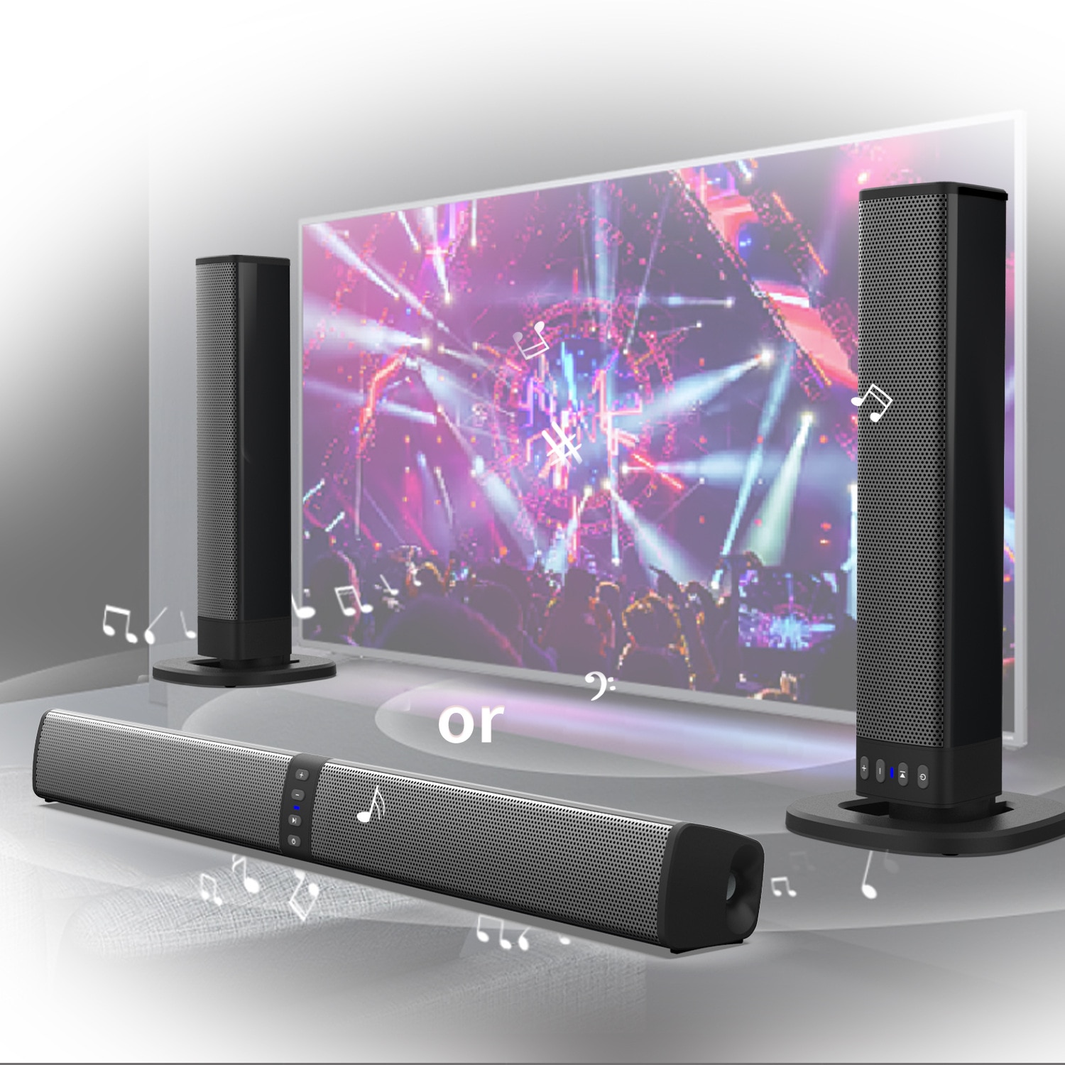 Difuzor de bar, conectivitate Bluetooth, plasa metalica pentru difuzoare, calitate a sunetului HIFI, suport pentru redare u-disk / card TF / 3.5 mm AUX / FM, patru difuzoare incorporate de 5w, lumina indicatoare LED, se potrivesc cu PC si TV