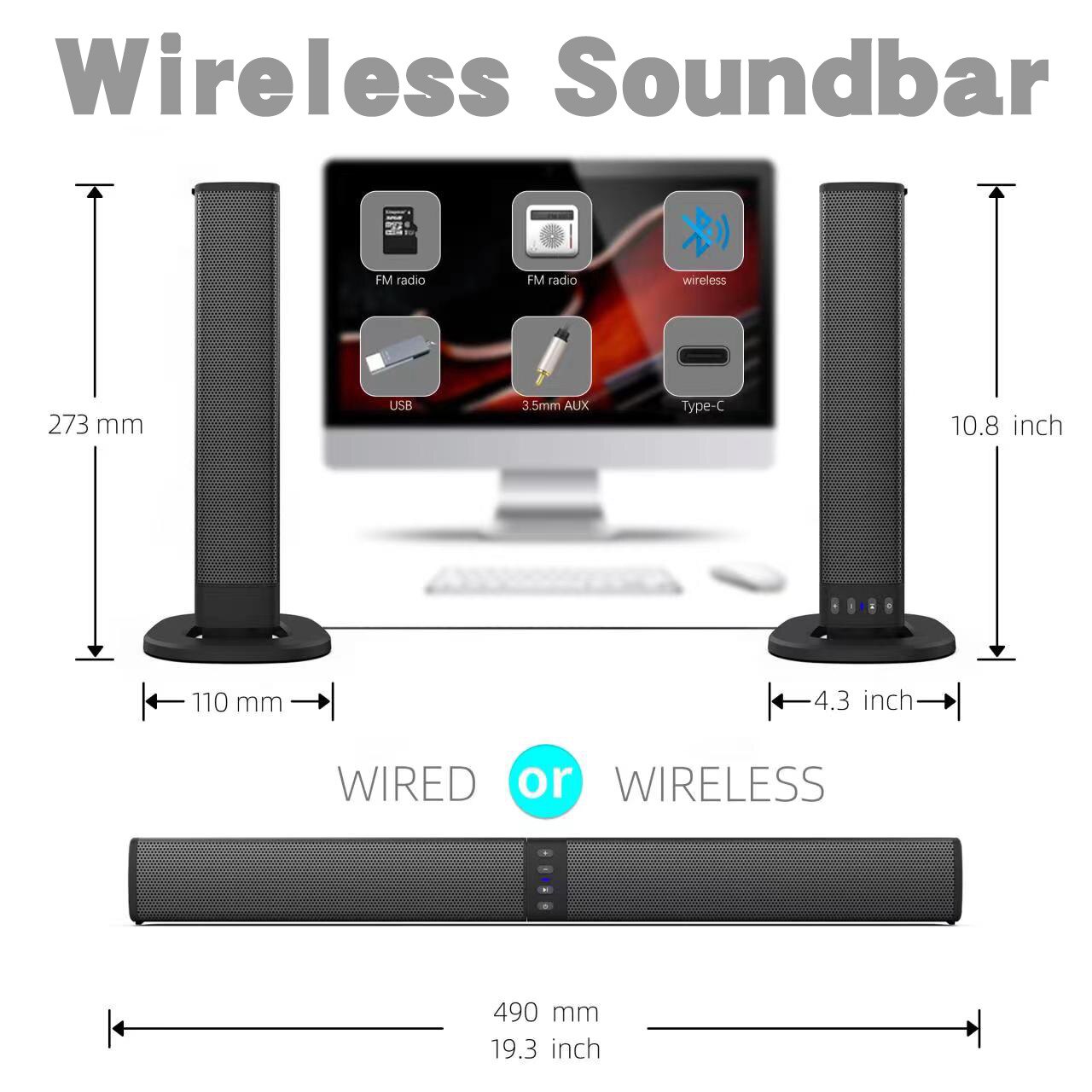 Difuzor de bar, conectivitate Bluetooth, plasa metalica pentru difuzoare, calitate a sunetului HIFI, suport pentru redare u-disk / card TF / 3.5 mm AUX / FM, patru difuzoare incorporate de 5w, lumina indicatoare LED, se potrivesc cu PC si TV