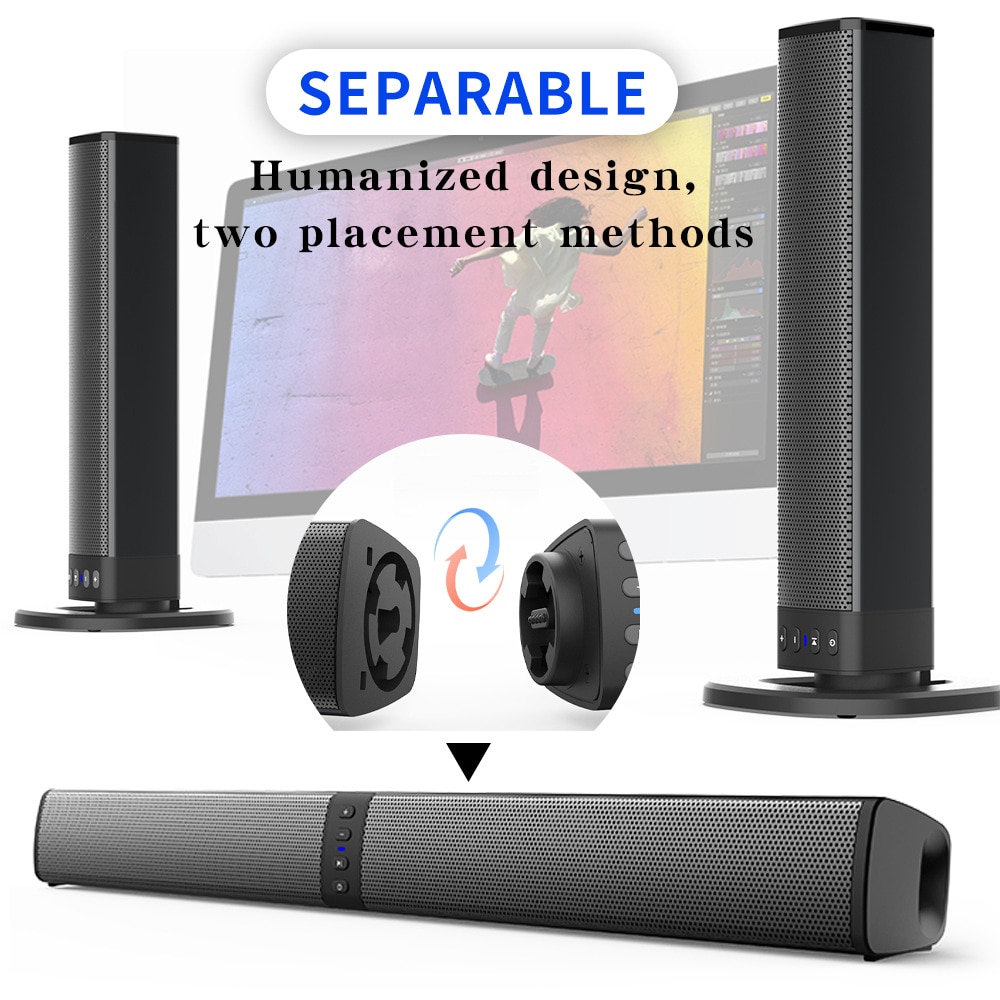 Difuzor de bar, conectivitate Bluetooth, plasa metalica pentru difuzoare, calitate a sunetului HIFI, suport pentru redare u-disk / card TF / 3.5 mm AUX / FM, patru difuzoare incorporate de 5w, lumina indicatoare LED, se potrivesc cu PC si TV
