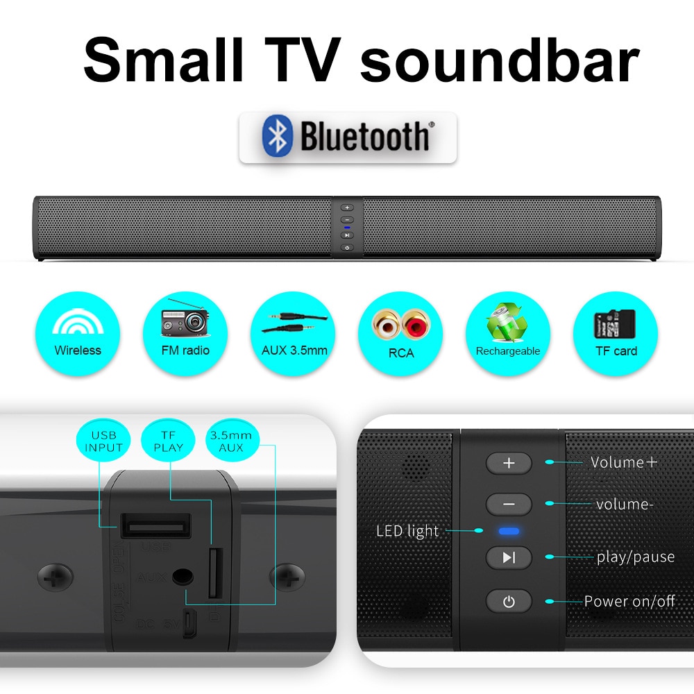 Difuzor de bar, conectivitate Bluetooth, plasa metalica pentru difuzoare, calitate a sunetului HIFI, suport pentru redare u-disk / card TF / 3.5 mm AUX / FM, patru difuzoare incorporate de 5w, lumina indicatoare LED, se potrivesc cu PC si TV