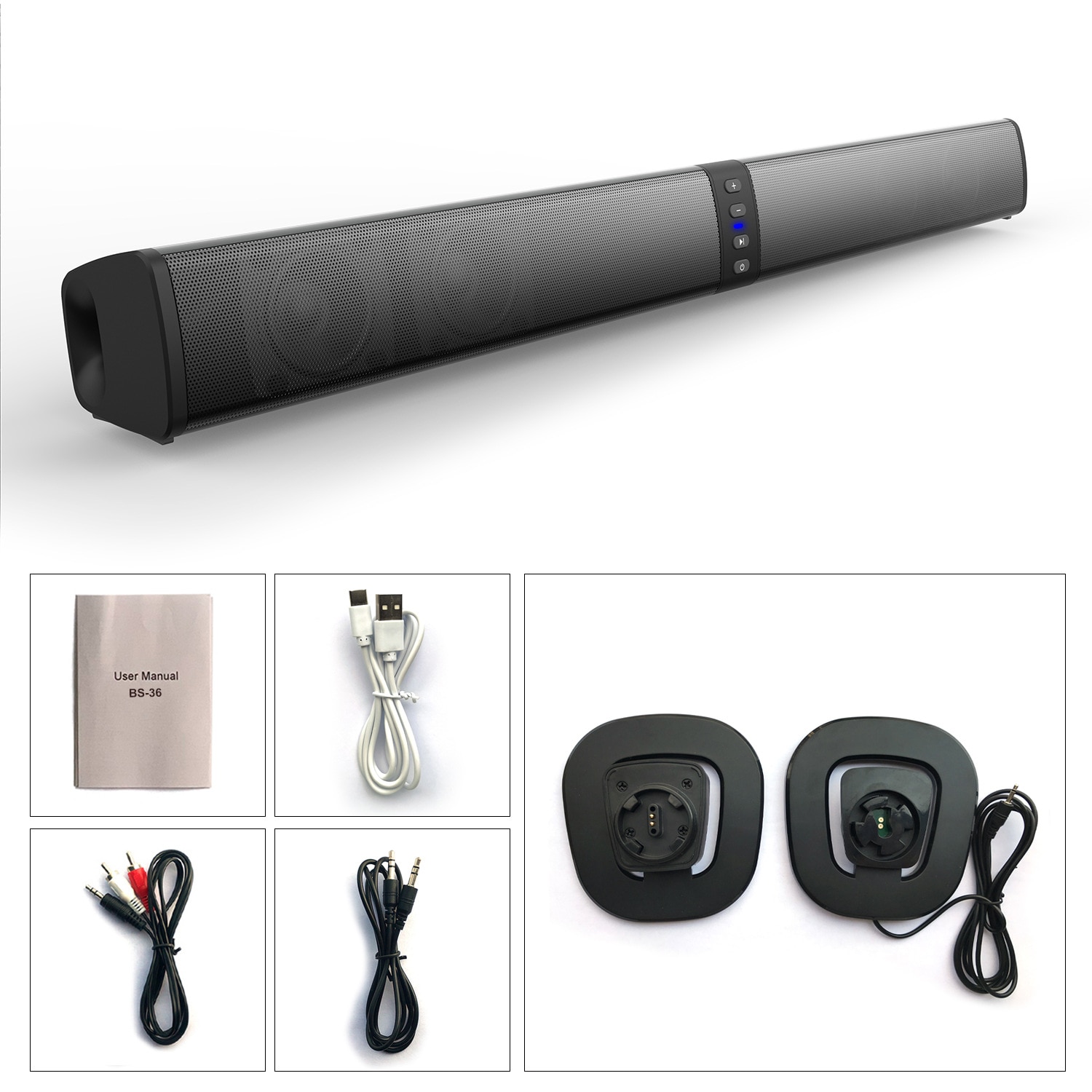 Difuzor de bar, conectivitate Bluetooth, plasa metalica pentru difuzoare, calitate a sunetului HIFI, suport pentru redare u-disk / card TF / 3.5 mm AUX / FM, patru difuzoare incorporate de 5w, lumina indicatoare LED, se potrivesc cu PC si TV