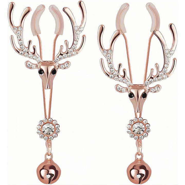 Щипки за зърна с дизайн на главата на елен и камбанки, регулируеми, неръждаема стомана и кристали