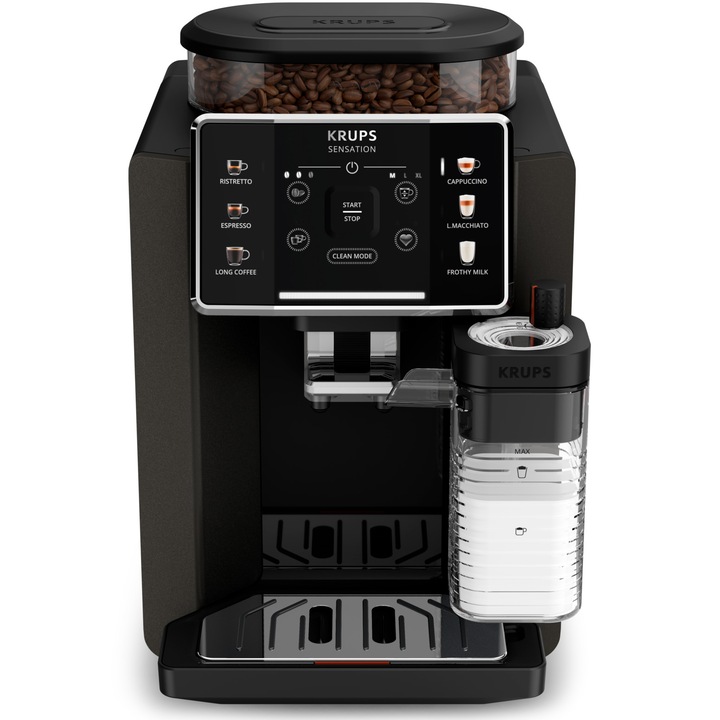 Кафеавтомат Krups Sensation Milk M50 EA912910, 1450W, 15 бара, 6 рецепти, Сензорен екран, Резервоар за кафе 260 гр, Сваляем резервоар за вода 1.7 л, 3 температурни степени, Мелничка 3 нива, Технология Milk Maestro, Черен