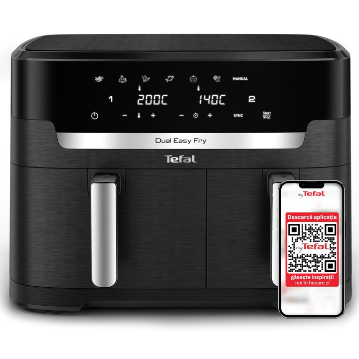 Friteuza dubla cu aer cald Tefal Dual Easy Fry XXL EY9428E0, 2700 W, capacitate 11 L, 7 programe, vase detasabile antiaderente, display LCD, temperatura reglabila 40-200°C, tehnologie Extra Crisp, aplicatie cu retete, Negru