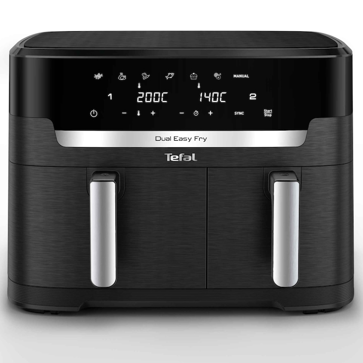 Friteuza cu aer cald Tefal Dual Easy Fry XXL EY9428E0, 2700 W, capacitate 11 L, 8 programe, vase detasabile antiaderente, display LCD, temperatura reglabila 40-200°C, tehnologie Extra Crisp, aplicatie cu retete, negru