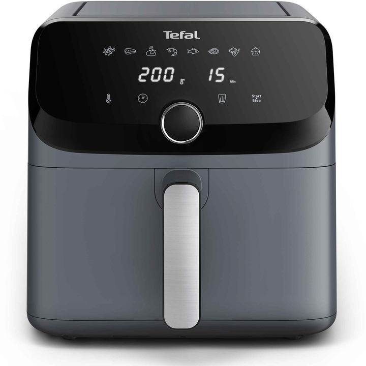 Фритюрник с горещ въздух Tefal Easy Fry Mega EY855BE0, 2020W, Капацитет 7.5 л, 8 автоматични програми, Сваляема незалепваща купа, LCD дисплей, Регулируема температура 80°C до 200°C, Таймер до 60 минути, Сив