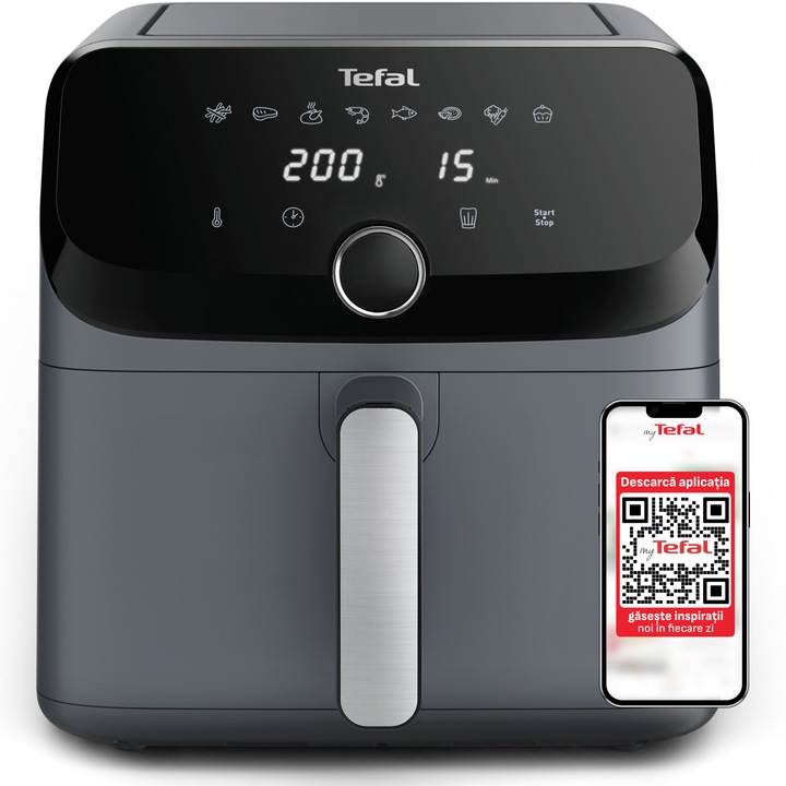 Friteuza cu aer cald Tefal Easy Fry Mega air fryer EY855BE0, 2020W, capacitate 7.5 L, 8 programe automate, vas detasabil antiaderent, display LCD, temperatura reglabila 80°C to 200°C, timer pana la 60 minute, gri