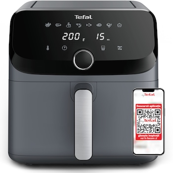 Friteuza cu aer cald Tefal Easy Fry Mega air fryer EY855BE0, 2020W, capacitate 7.5 L, 8 programe automate, vas detasabil antiaderent, display LCD, temperatura reglabila 80°C to 200°C, timer pana la 60 minute, gri