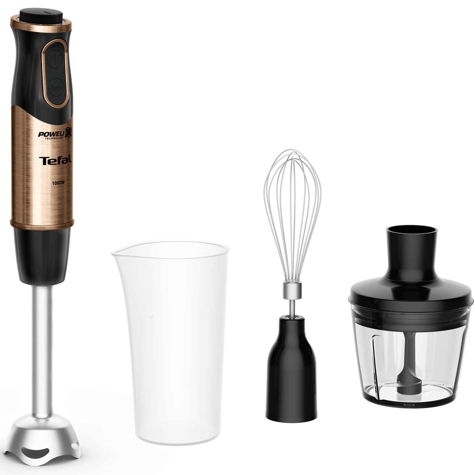 Mixer vertical Tefal Quickchef Coppertinto 3 in 1 HB656G10, 1000W, 20 trepte viteza, tehnologie Powelix, picior din inox, pahar gradat 800 ml, tocator 500 ml, tel inclus, protectie