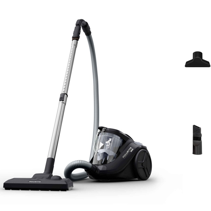 Прахосмукачка без торба Rowenta Compact Power Cyclonic RO3725EA, 750W, Контейнер за прах 1.5 л, 2 нива на филтриране до 99.98%, Работен обхват 8.8 м, Ниско ниво на шум 79 dB(A), Черен