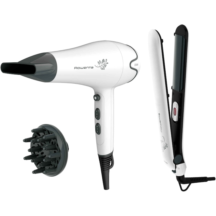 Комплект сешоар и преса за коса Rowenta Pure Collection YD3057F0, 2200W, Концентратор, Дифузер, струя студен въздух, 3 температурни нива и 2 скорости, Преса с керамично покритие и 360° кабел, Максимална температура на плочата 200°C, Бял