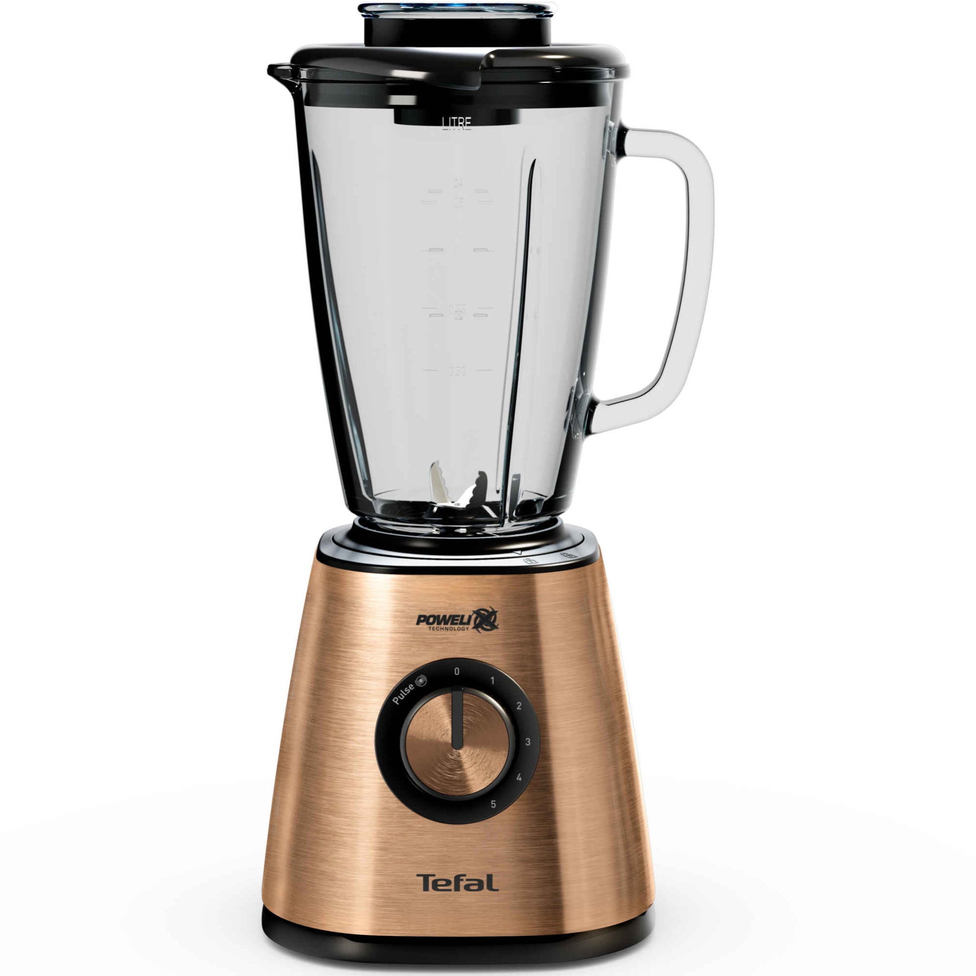 Blender Tefal Blendforce Coppertinto BL439G10, 800W, 1.25L, 6 lame Powelix detasabile, 5 trepte de viteza, functie Pulse, functie zdrobire gheata, recipient din sticla termoreziste