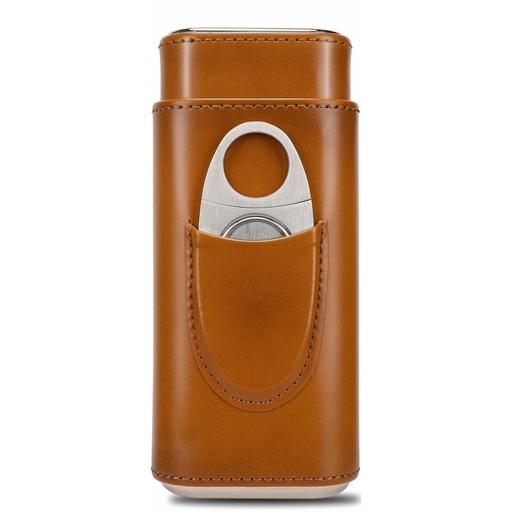 Husa portabila pentru trabucuri, captuseala lemn de cedru, include cutter din otel, capacitate 3 trabucuri, maro